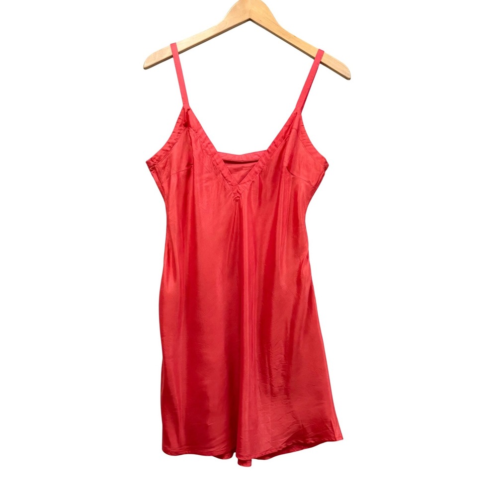 Vintage Coral Red‎ V-Neck Slip Dress Spaghetti Strap Chemise Nightie Lingerie